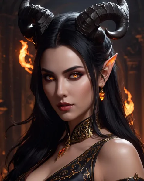 Portrait of female succubus with black hair and glowing amber eyes and horns, dnd, fantasy, intricate, elegant, highly detailed,...
