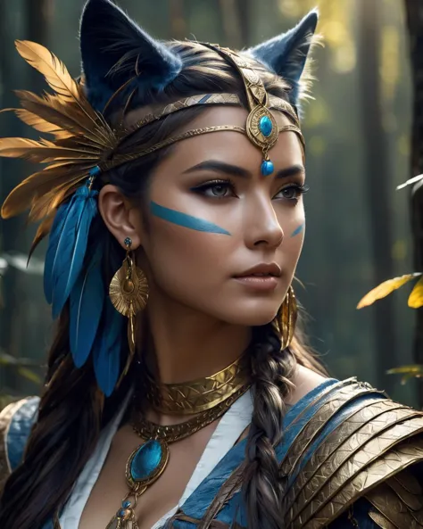 beautiful tribal woman, cat ears, flowing tinted hair, blue, gold, white, leather armor, ((earrings, feathers, tassels, ribbons)...
