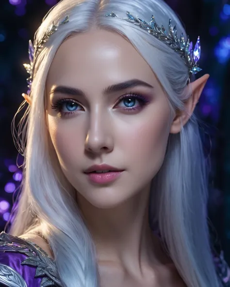 portrait of an epoch elf, wearing a ((fairy dress, crystalline dress)), she has long glittery silver hair, perfect elven face, symmetrical eyes, fine details best quality, hyperdetailed face, photorealistic, highest quality, best shadow, highly detailed. photography, professional, 4k, 8k HD, professional, purple colors, blue light, blue atmosphere