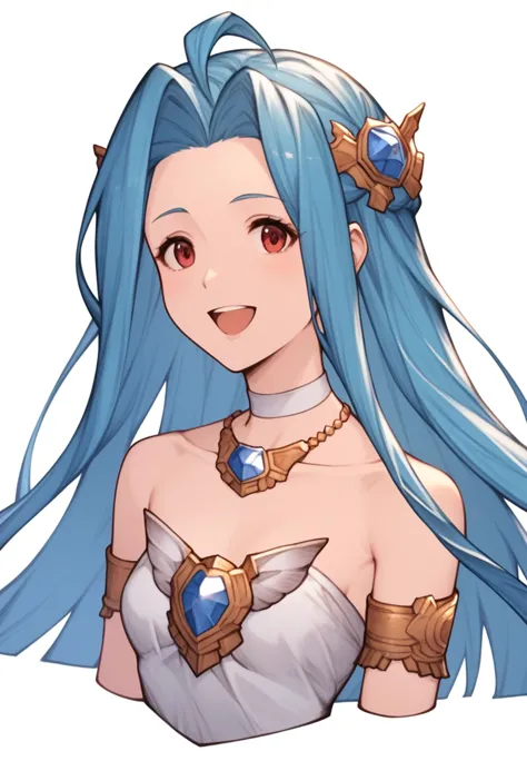 score_9,score_8_up,score_7_up,<lora:granblue_fantasy_all:1>,1girl, :d, ^_^, armlet, blue_hair, collarbone, cropped_torso, facing_viewer, floating_hair, hair_intakes, highres, lyria_\(granblue_fantasy\), open_mouth, solo, strapless, upper_body, very_long_hair, white_background, white_choker