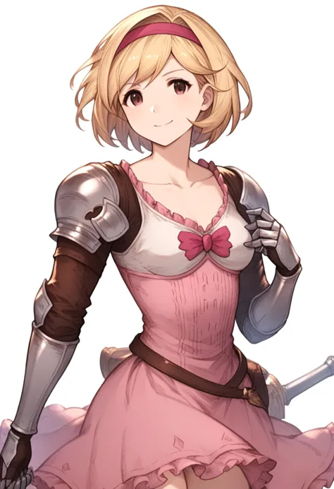 a woman in a pink dress holding a sword and a sword