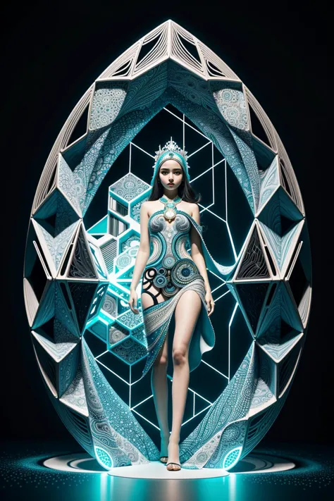 a woman in a futuristic dress standing inside a crystal ball