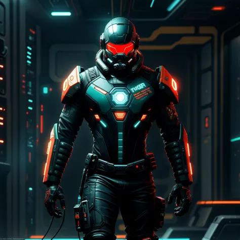 A sci-fi adventurer in a sleek, futuristic suit that combines elements of cyberpunk and space opera. The suit features glowing neon lines and advanced tech gadgets, with a helmet that displays holographic information.