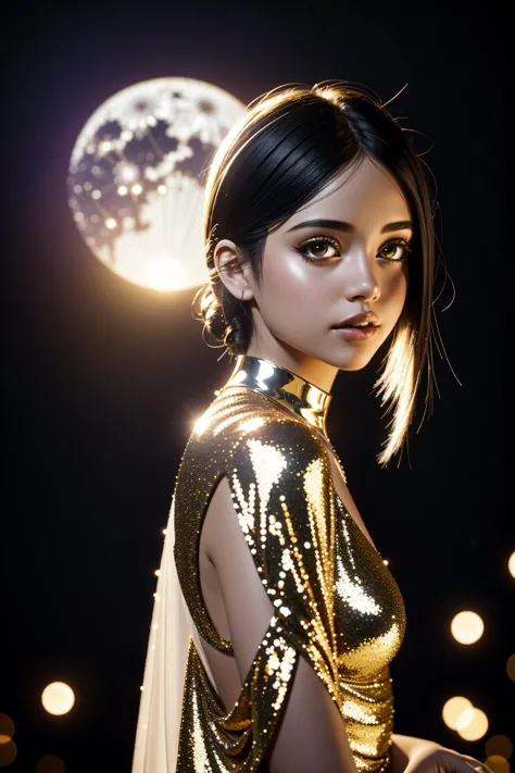 a woman in a gold dress posing in front of a full moon