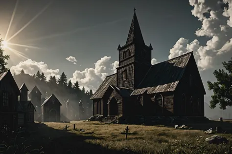 arafed church in a field with a sun shining behind it