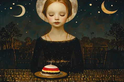 painting of a girl holding a plate with a cake on it