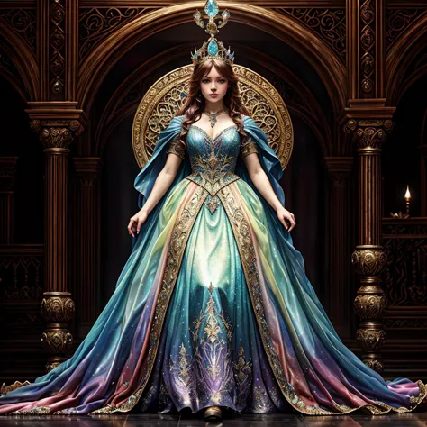 A regal queen adorned in an elaborate gown made of flowing, iridescent materials. Her attire blends elements of Renaissance and fantasy, with a crown made of crystal and glowing gems.