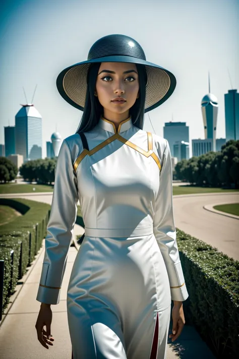 araffe in a white dress and a hat is walking down a path