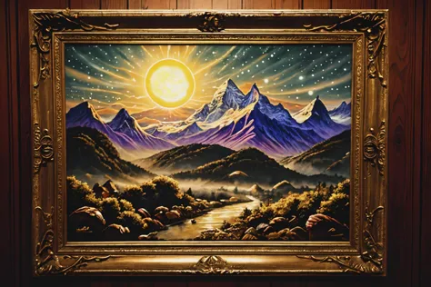 painting of a mountain scene with a river and a sun