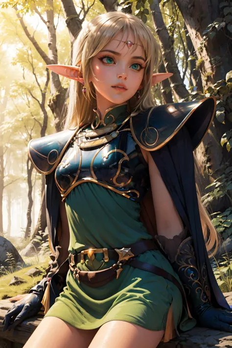 cute face, kawaii, small face, very big eyes,
ANI_CLASSIC_deedlit_ownwaifu, www.ownwaifu.com, 
pointy ears, blonde hair, long hair, elf, circlet, green eyes, long pointy ears, very long hair, breasts, medium breasts, earrings, lips, makeup, bangs,
cape, armor, blue cape, shoulder armor, pauldrons, gloves, breastplate, belt, green dress, short dress,
(masterpiece, best quality, high resolution), fantasy,
forest, rock, 
sitting, 
looking afar, looking ahead, looking away, 
(cowboy shot:1.2),
1girl, solo,