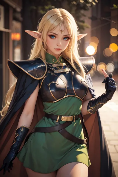 good anatomy, masterpiece, best quality, bokeh, depth of field, highres, high quality, 1girl,
ANI_CLASSIC_deedlit_ownwaifu, www.ownwaifu.com,
pointy ears, blonde hair, long hair, elf, circlet, green eyes, long pointy ears, very long hair, breasts, medium breasts, earrings, lips, makeup, bangs,
cape, armor, blue cape, shoulder armor, pauldrons, gloves, breastplate, belt, green dress, short dress,
<lora:ANI_CLASSIC_deedlit_ownwaifu-15:0.8>,