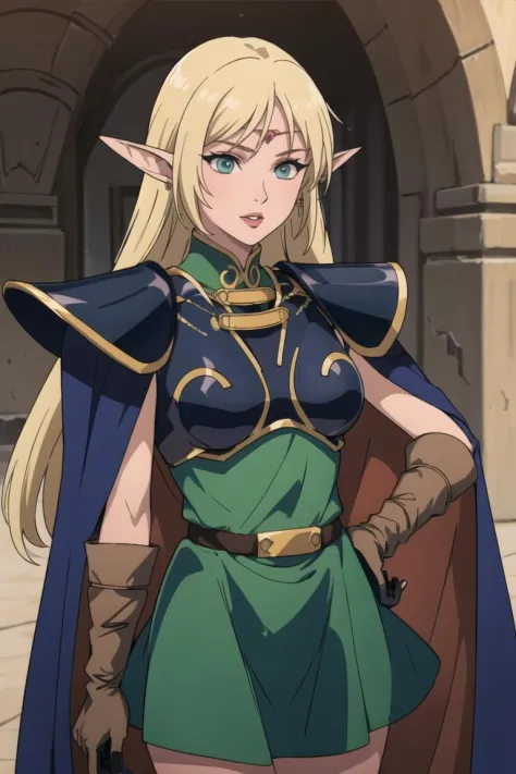 good anatomy, masterpiece, best quality, 4k, 8k, professional photography, soft light, sharp focus,1girl, anime coloring, 
ANI_CLASSIC_deedlit_ownwaifu, www.ownwaifu.com,
pointy ears, blonde hair, long hair, elf, circlet, green eyes, long pointy ears, very long hair, breasts, medium breasts, earrings, lips, makeup, bangs,
cape, armor, blue cape, shoulder armor, pauldrons, gloves, breastplate, belt, green dress, short dress,
<lora:ANI_CLASSIC_deedlit_ownwaifu-15:0.8>,