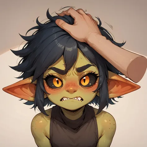 Gaby, blushing,  headpat, frowning eyes, (clenched teeth:0.7), pov hands, human hand  <lora:Gaby_the_goblin_V1.2:0.7>   <lora:Headpat_XLPD:1>, PonyXLV6_Scores