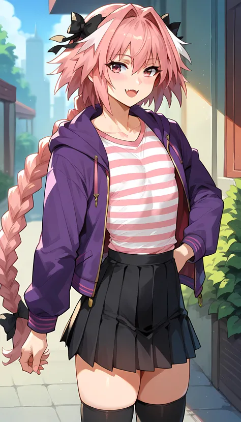 <lora:TruckKun_Style_Lora_V3:0.7>, score_9, score_8_up, score_7_up, (1boy, femboy:1.2), astolfo_(fate), fate_(series), pink hair, pink eyes, black skirt, pleated skirt, purple jacket, black thighhigs, striped shirt,