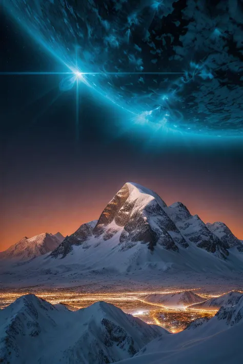 a view of a mountain with a bright light shining over it