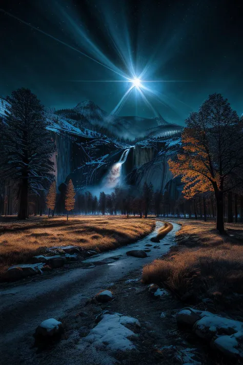 a full moon shines over a mountain and a stream