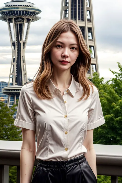 a woman standing on a balcony with a view of a city