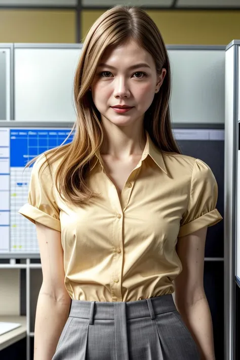 a woman in a yellow shirt and grey skirt standing in an office