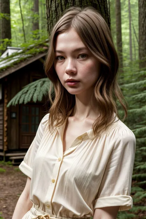 arafed woman in a white shirt and tan belt standing in front of a cabin