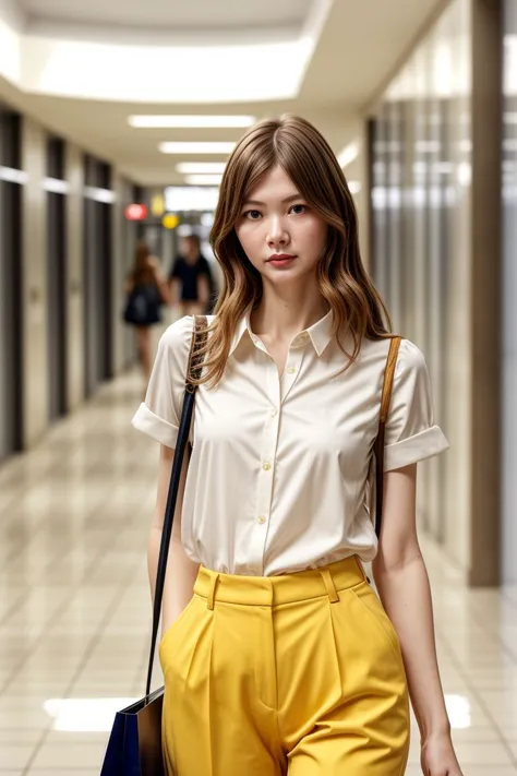 a woman in yellow pants and a white shirt is walking down a hallway