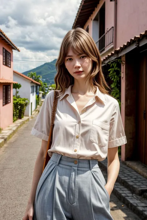 a woman standing on a street with a bag in her hand