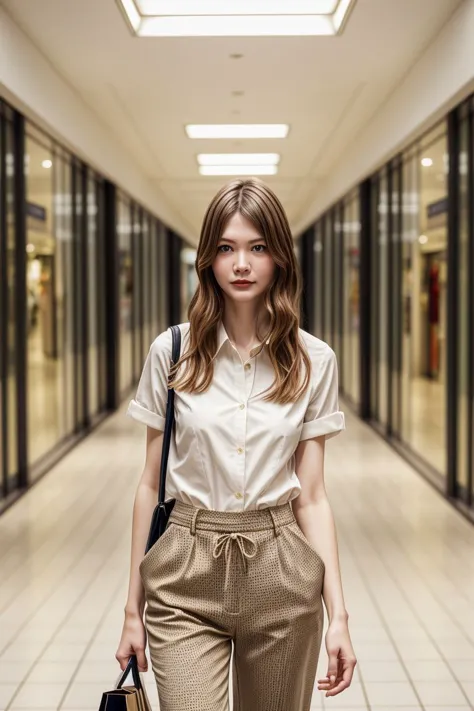 a woman in a white shirt and tan pants is walking down a hallway