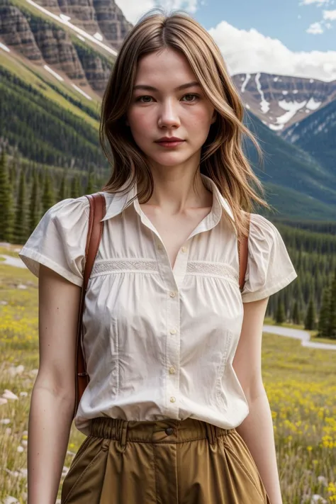 a woman standing in a field of flowers with mountains in the background