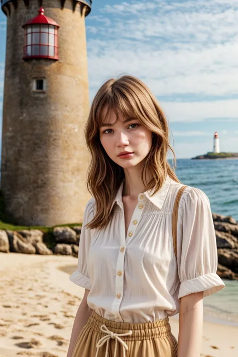 a woman standing on a beach next to a lighthouse