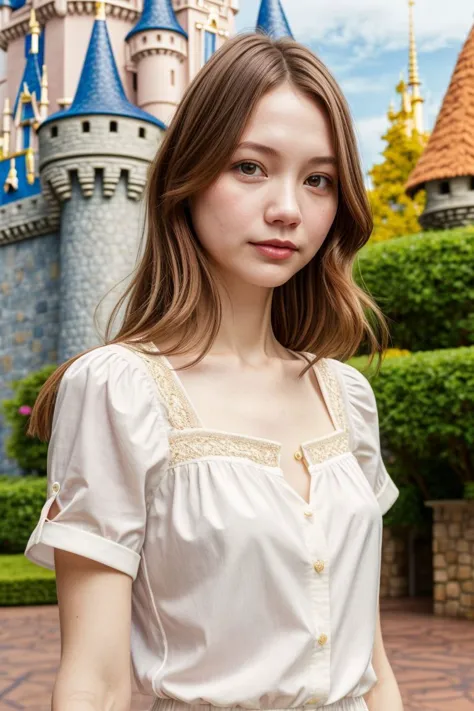 a woman standing in front of a castle with a castle in the background