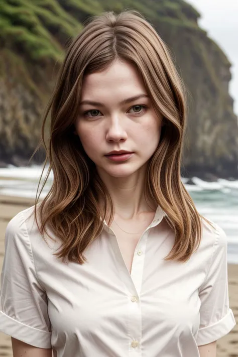 a close up of a woman standing on a beach near the ocean