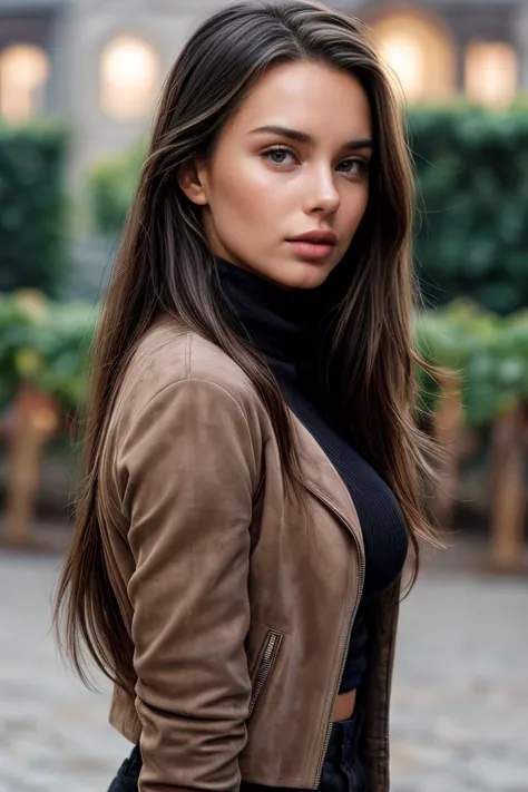 a woman in a brown jacket and black top standing on a sidewalk