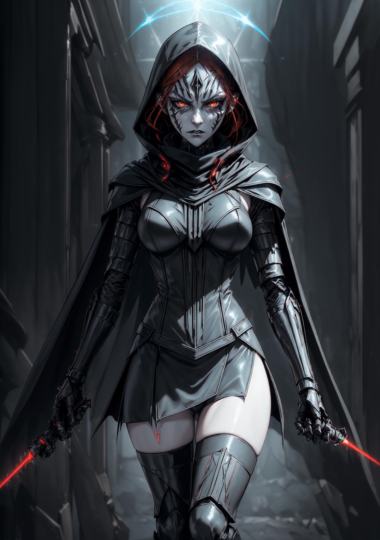 A woman in a futuristic outfit with a sword and a hood - SeaArt AI