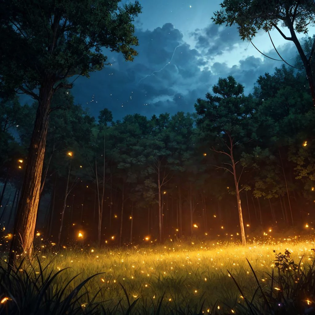 (best quality, masterpiece:1.2), 8k detailed cgi render, thick outlines, strong shadows, grass field, tall grass, dark night, cloudless sky, eerie lighting, fireflies emerging, (fireflies everywhere:1.1), swarms of fireflies, tiny specks of light, insects buzzing, floating particles, serene atmosphere, peaceful,