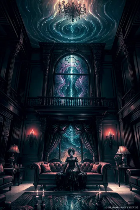 a woman sitting on a couch in a dark room with a chandelier