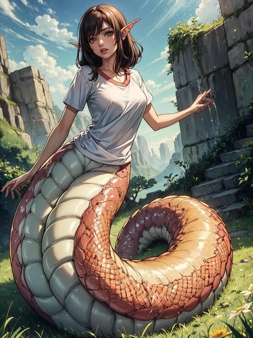 Anime girl sitting on a giant snake in a field - SeaArt AI