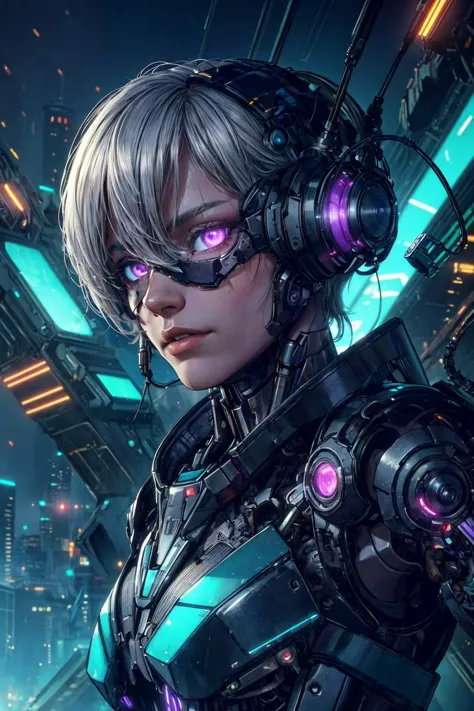 a woman in a futuristic suit with headphones and a futuristic helmet