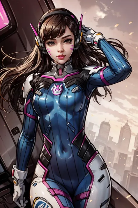 (masterpiece, best quality),  intricate details,
1girl,   <lora:dva:0.8> 1girl, d.va (overwatch), solo, long hair, whisker markings, bodysuit, brown hair, facial mark, gloves, breasts, brown eyes, pilot suit, cowboy shot, headphones, white gloves, medium breasts, swept bangs, skin tight, animal print, bangs, bunny print, ribbed bodysuit, facepaint, pink lips,