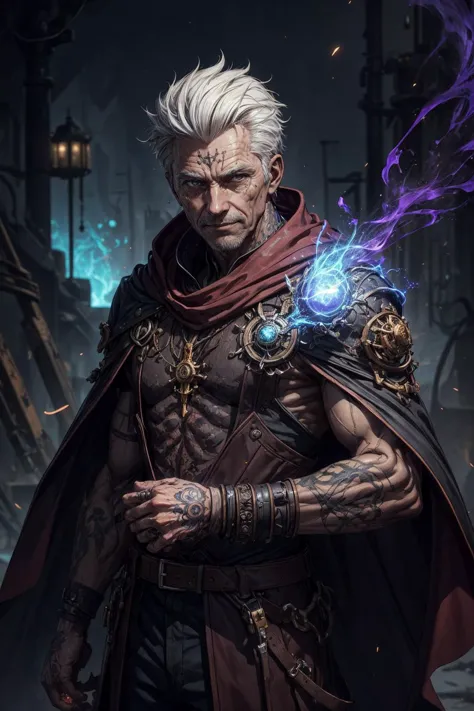 a man with white hair and a cape holding a glowing ball