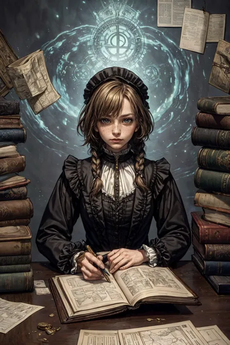 (best quality, masterpiece:1.2), photorealistic, thick outlines, strong shadows, 1 girl, adult  woman, freckles, aquamarine eyes, brown dutch braid,
portrait, solo, (full body:0.6), looking at viewer, detailed background, detailed face, intricate details, (victorian theme:1.1) scholar sitting at desk, simple clothes, researching, concentrating,  surrounded by books, papers, maps, notes,  swirling magical symbols,  runes, abacus,  cryptic device, formulas,  floating magical symbols, magic emerging from text, (style-swirlmagic:1.0),  knowledge, intelligence,   library in background,  mysterious atmosphere,
