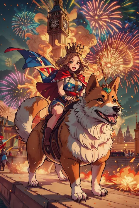 beautiful, linework, thick outlines, strong shadows, <lora:detail_slider_v4:1.0>,
<lora:GoodHands-vanilla:0.8>,
adult female, woman,
queen of england, <lora:riding_a:0.7> riding on a giant corgi, royal crown, cape, waving union jack flag, explosions and fireworks in background, big ben, london,