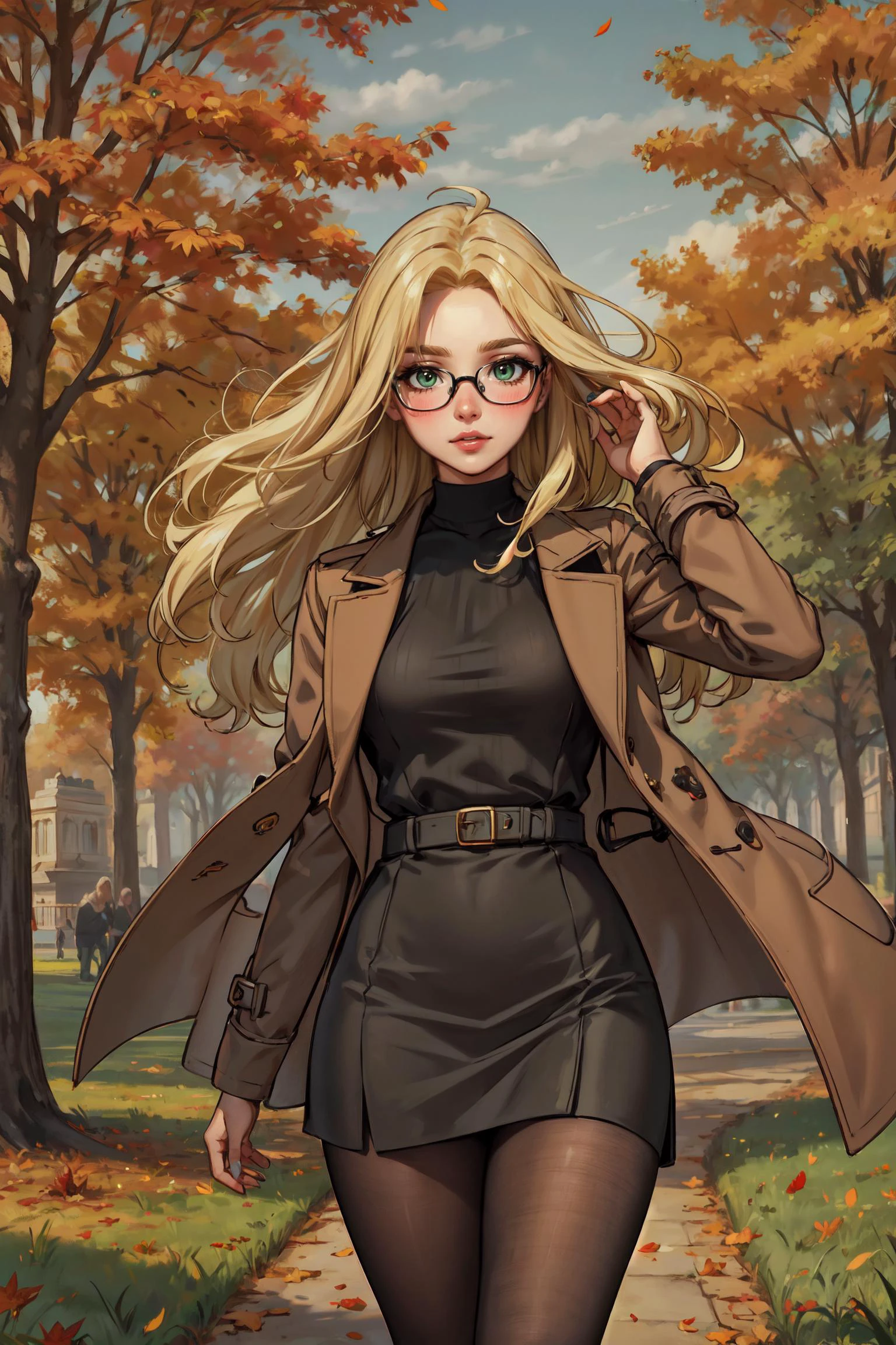 best quality, masterpiece,

beautiful, linework, thick outlines, strong shadows, 1 girl (wearing an oversized tan long wool coat), black shirt, black pantyhose, autumn, posing for a photoshoot, outside, park, (green park, grass, plants), adjusting her (thick-rimmed black glasses), dynamic pose, (streaked hair:0.9), (hair flowing by wind:1.2), autumn leaf petals, milf
BREAK

(blonde hair, mid parted hair, straight hair, long hair:1.3), blush, beautiful green eyes