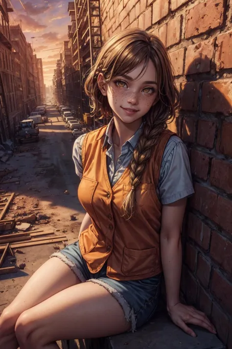 (best quality, masterpiece:1.2), photorealistic, thick outlines, strong shadows, <lora:add_detail:0.75>,
(sfw:1.1), portrait, 1 adult woman, freckles, yellow eyes, long brown dutch braid, smiling, sitting on ledge, construction worker, dark orange vest,  brick and mortar wall,  construction site, scaffolding, vibrant colors, dusk, atmospheric lighting,