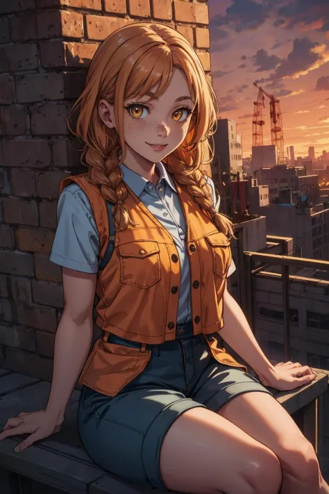 beautiful, linework, thick outlines, strong shadows, <lora:detail_slider_v4:1.0>,
(sfw:1.1), portrait, 1 adult woman, freckles, yellow eyes, long brown dutch braid, smiling, sitting on ledge, construction worker, dark orange vest, brick and mortar wall, construction site, scaffolding, vibrant colors, dusk, atmospheric lighting,