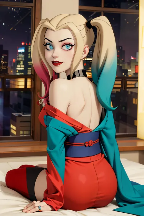 harleyquinn, blue eyes, eye shadow, blonde hair, twin tails, multicolored hair, traditional kimono, sash, wide sleeves, off shoulder, looking at viewer, serious, smirk, sitting, on bed, from_behind, inside cozy bedroom, window, night time, high quality, masterpiece, <lora:harleyquinn:.6>