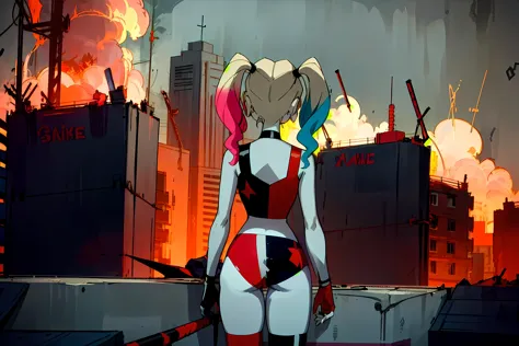 harley in a futuristic suit standing in front of a city