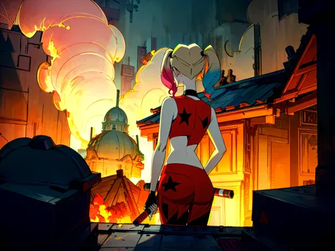 anime girl in red outfit standing in front of a burning city