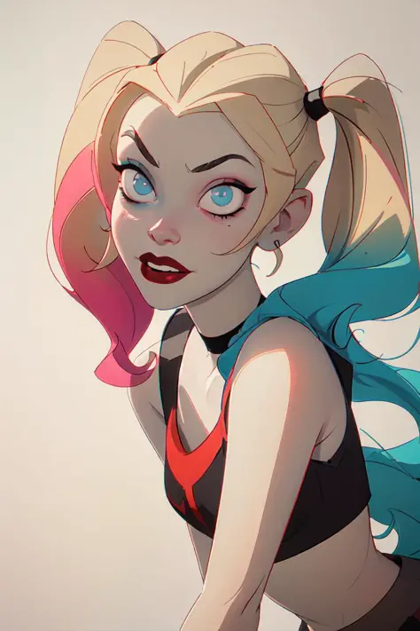 (Harley Quinn, harleyquinn:1.0), blonde pigtails with blue and pink ends, blue eyes, red lipstick, pink and blue eye shadow, heart on cheek, red and black crop top tank top, red and black bottoms, sneakers with pom pom, black necklace, pale white skin, (Co...