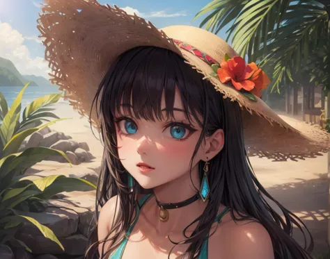 biopunk style illustration of a thin adult Gypsies woman, Turquoise eyes, Side-swept bangs, wearing (Tropical Island Escape: Max...