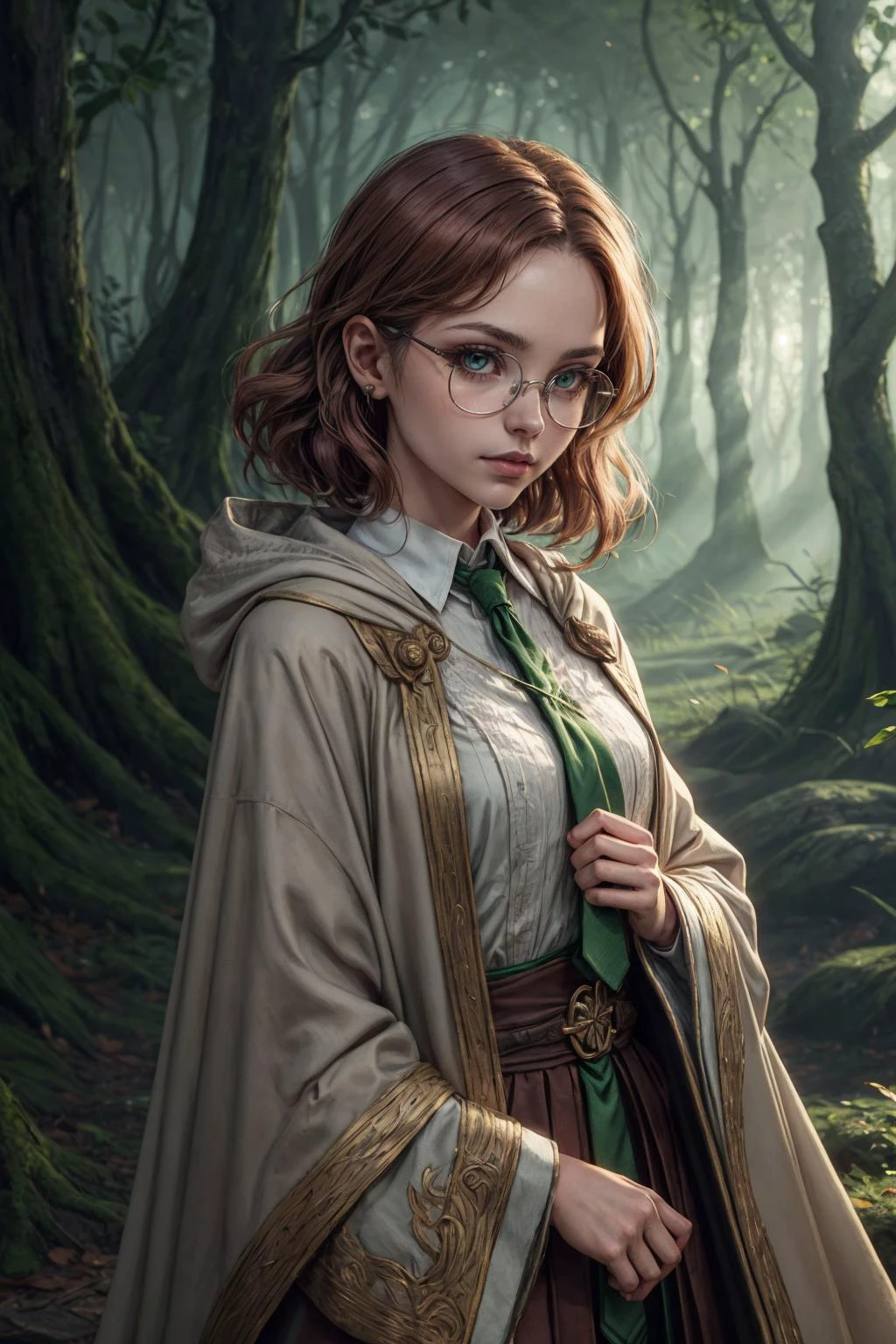 (best quality, masterpiece:1.2), photorealistic, thick outlines, strong shadows, 1 girl, adult (elven:0.7) woman,  pink eyes, brown shag hair,
portrait, looking at viewer, solo, half shot, detailed background, detailed face, (victorian theme:1.1), hogwarts student,  curious, (slytherin :1.1), necktie, glasses,  robe, cloak, (style-swirlmagic:0.8),  casting spell, light spell, lumos,  bright light,  ball of light, magical forest in background, ethereal atmosphere, backlighting,