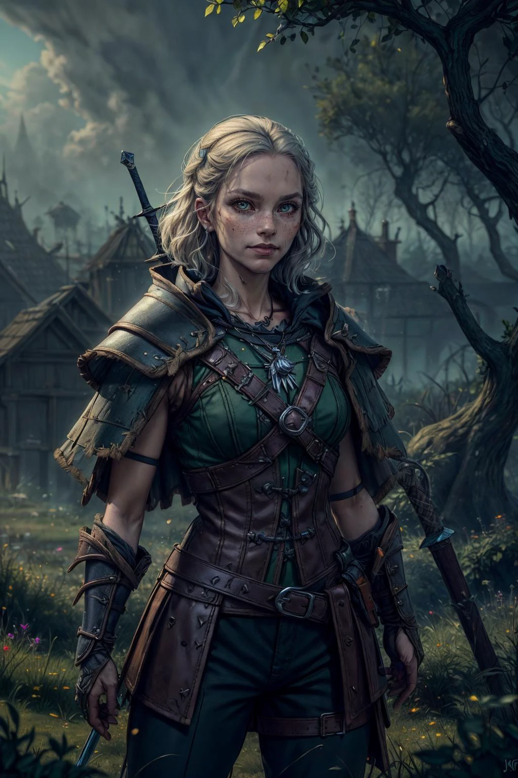 (best quality, masterpiece:1.2), 8k detailed cgi render, thick outlines, strong shadows, 1 girl, adult  woman, freckles, yellow eyes, light brown medium hair,
portrait, solo, upper body, looking down, detailed background, detailed face, (fairytaleai, fairytale theme:1.1),  glowing eyes, grinning, witcher,  wearing dark green leather witcher armor, elaborate,   tattered cape straps,    fighting stance,  witcher senses, explosions in background, mist,   wind blowing,  bokeh, mystical atmosphere,